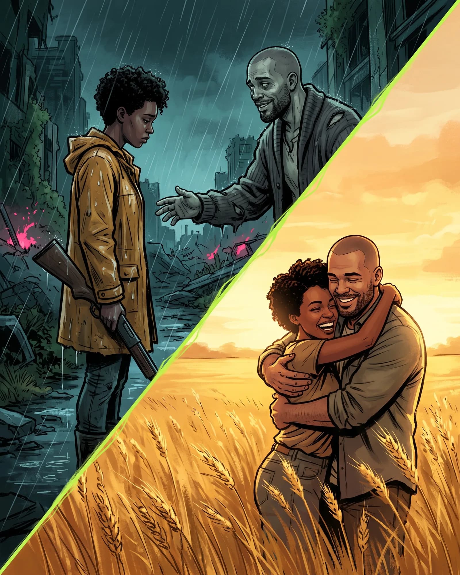 Illustration split by a glowing green diagonal: on a rainy ruined street a woman in a mustard raincoat lowers her rifle as her bald, bearded zombie boyfriend reaches for her; below, the same couple laughs and hugs in a golden wheat field.