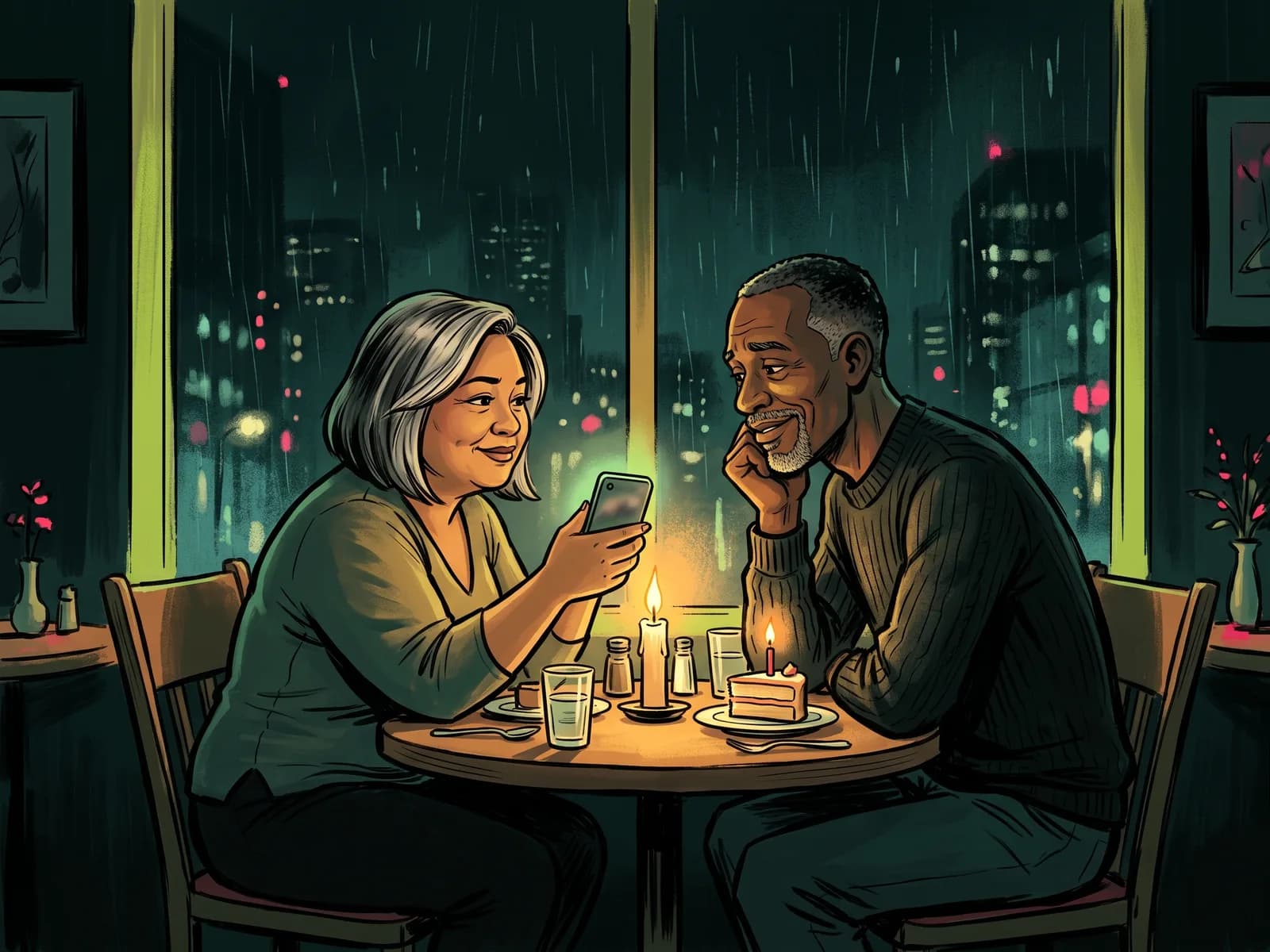 Illustration of a middle-aged couple at a candlelit table with a slice of birthday cake, she holds up a glowing phone while he smiles, a rainy city behind the window.
