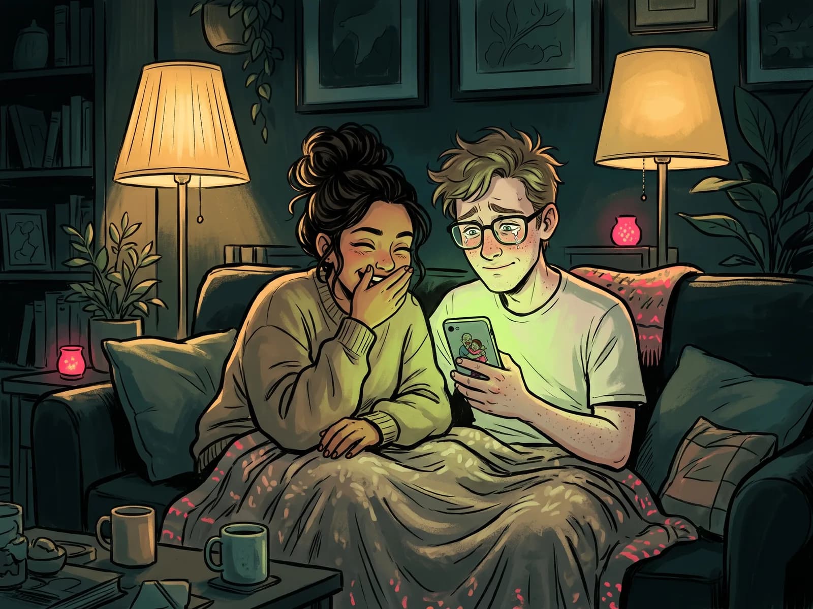 Illustration of a couple on a sofa at night lit by a phone screen, one laughing behind a hand, the other teary-eyed.