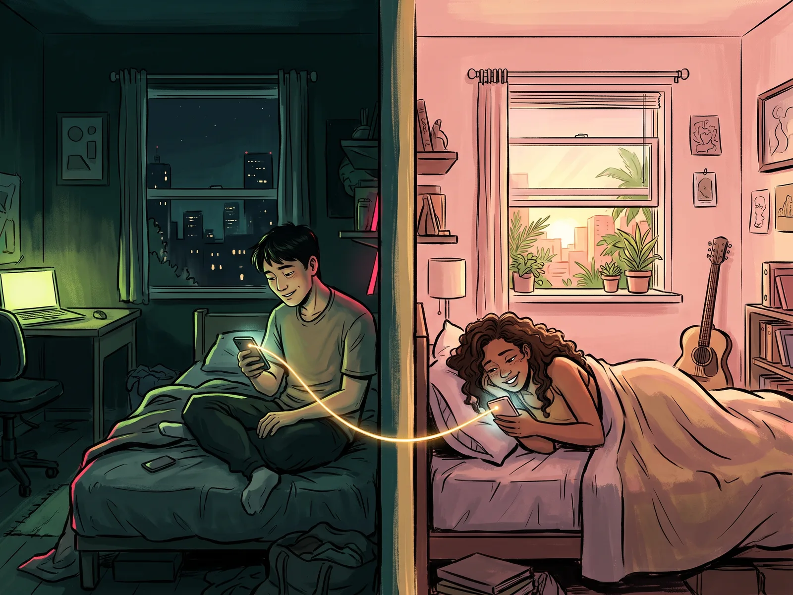 Illustration of two bedrooms in different cities, each person holding a phone joined by a glowing golden thread.